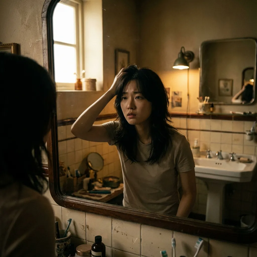 스타일을 바꾸기 전 거울 앞에서 고민하는 모습