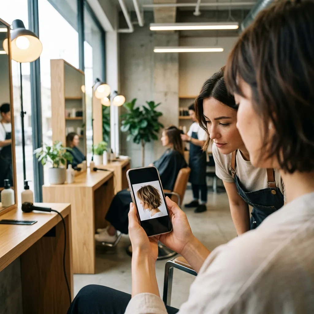 미용실에서 시뮬레이션 결과 이미지를 보여주며 스타일을 상담하는 모습